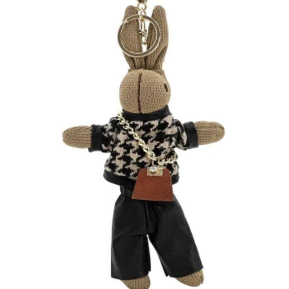 Accessories - Bunny Keychain Bag Charm Wearing Houndstooth Sweater & Crossbody Purse